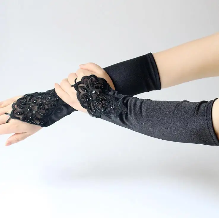 Vintage 1920s Fingerless Lace Sequins Satin Party Gloves Costume Accessories Stretch Opera Black Women Long Gloves