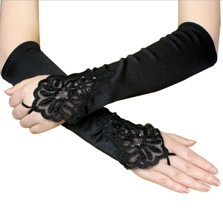 Vintage 1920s Fingerless Lace Sequins Satin Party Gloves Costume Accessories Stretch Opera Black Women Long Gloves