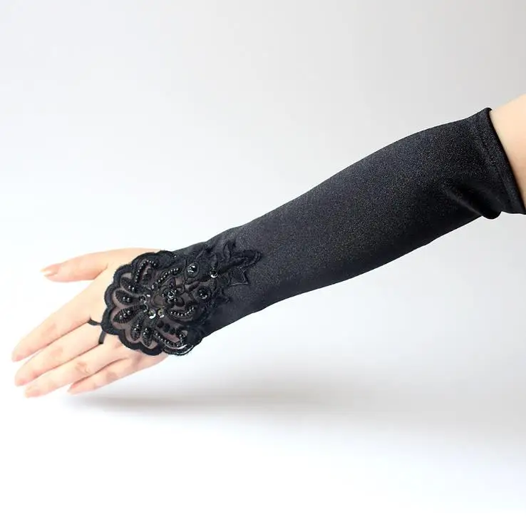 Vintage 1920s Fingerless Lace Sequins Satin Party Gloves Costume Accessories Stretch Opera Black Women Long Gloves