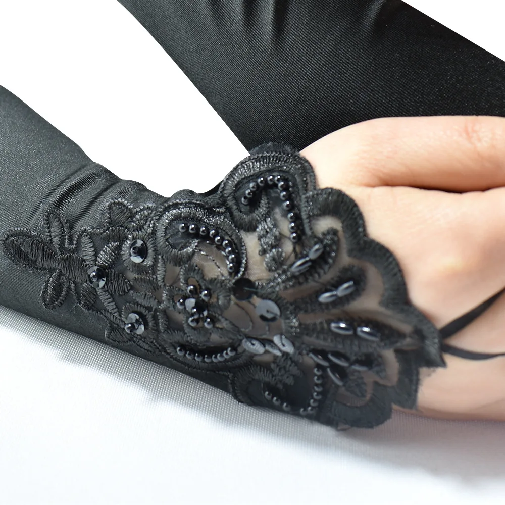 Vintage 1920s Fingerless Lace Sequins Satin Party Gloves Costume Accessories Stretch Opera Black Women Long Gloves