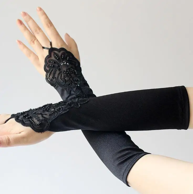 Vintage 1920s Fingerless Lace Sequins Satin Party Gloves Costume Accessories Stretch Opera Black Women Long Gloves