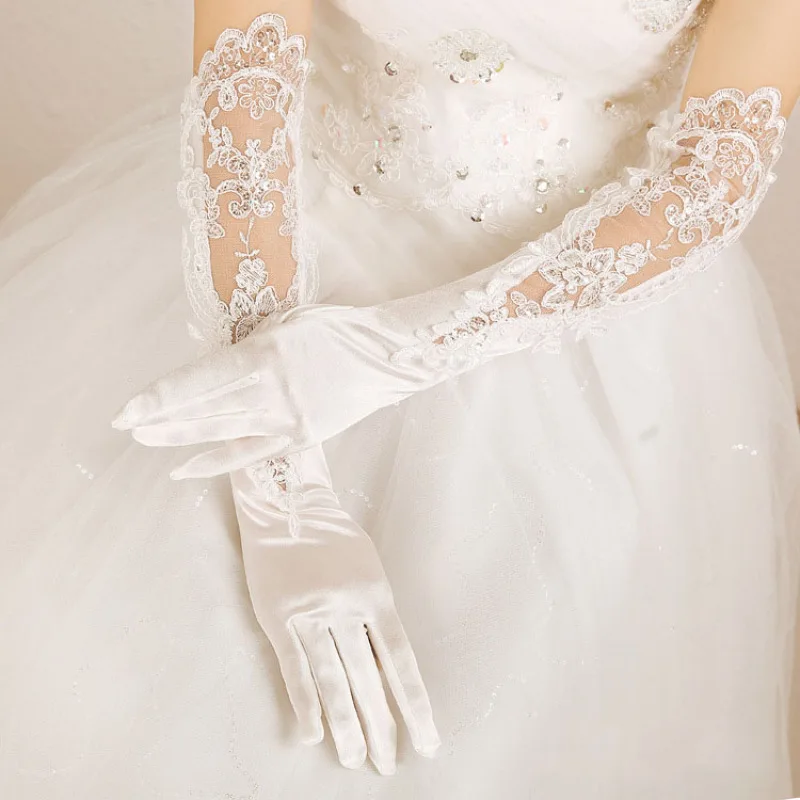 Women Satin Smooth Long Lace Flower Embroidery Hollow Banquet Wedding Bride Gloves Opera Elegant Evening Dress Accessories