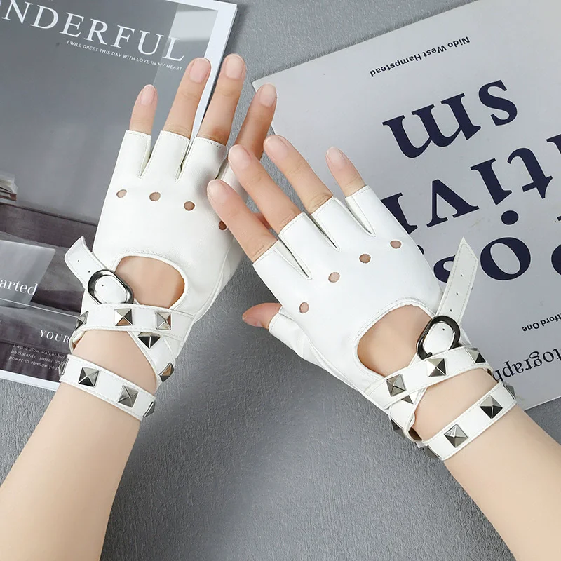 Unisex Fingerless Driving PU Leather Gloves Motor Cool Rivet Sexy Disco Dancing Rock and Roll Black Red White Punk Gloves