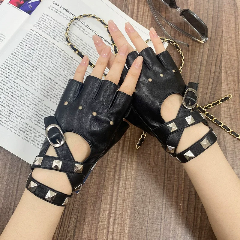 Unisex Fingerless Driving PU Leather Gloves Motor Cool Rivet Sexy Disco Dancing Rock and Roll Black Red White Punk Gloves