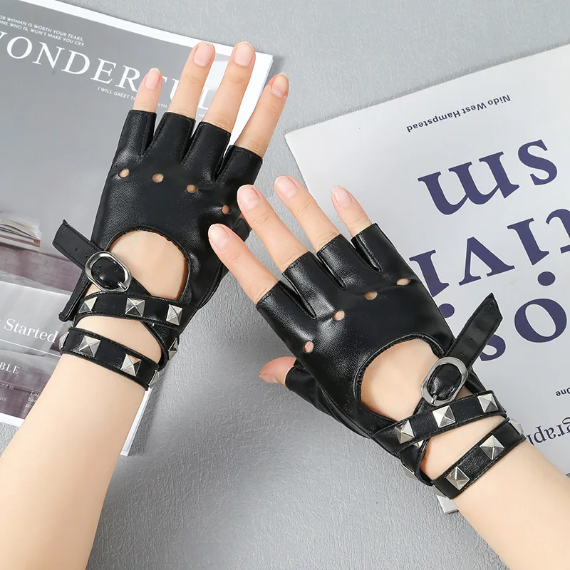 Unisex Fingerless Driving PU Leather Gloves Motor Cool Rivet Sexy Disco Dancing Rock and Roll Black Red White Punk Gloves