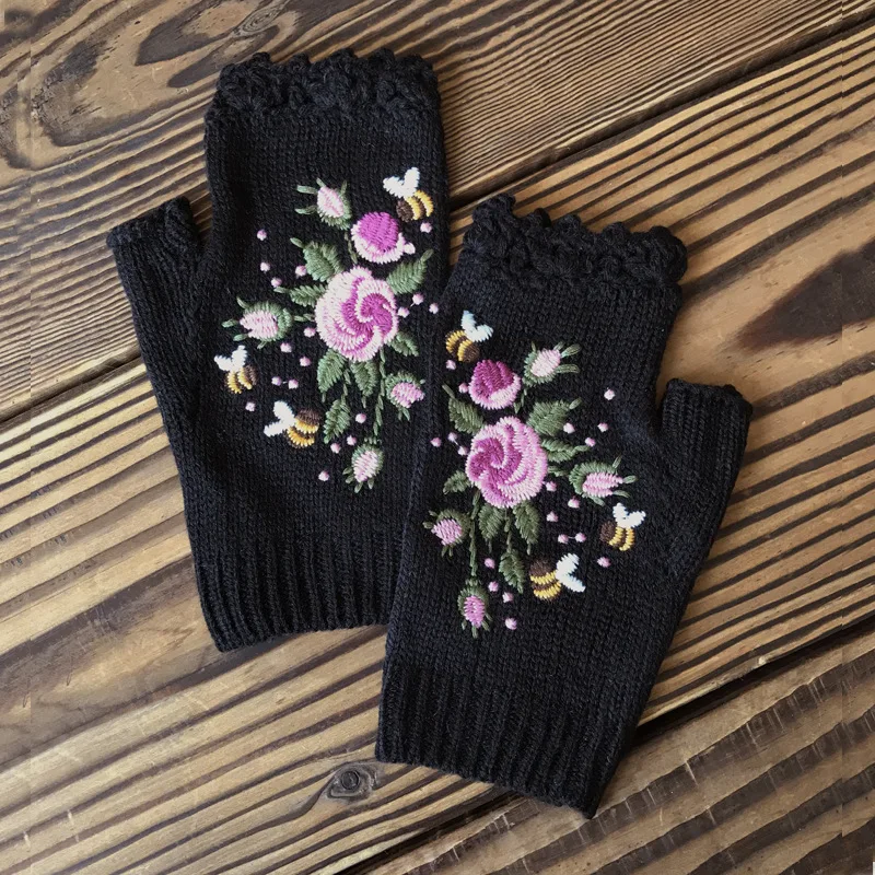 Half Finger Gloves Women Knitted Fingerless Winter Gloves Soft Crochet Bee Knitting Faux Wool Fingerless Gloves Wrist Warmer