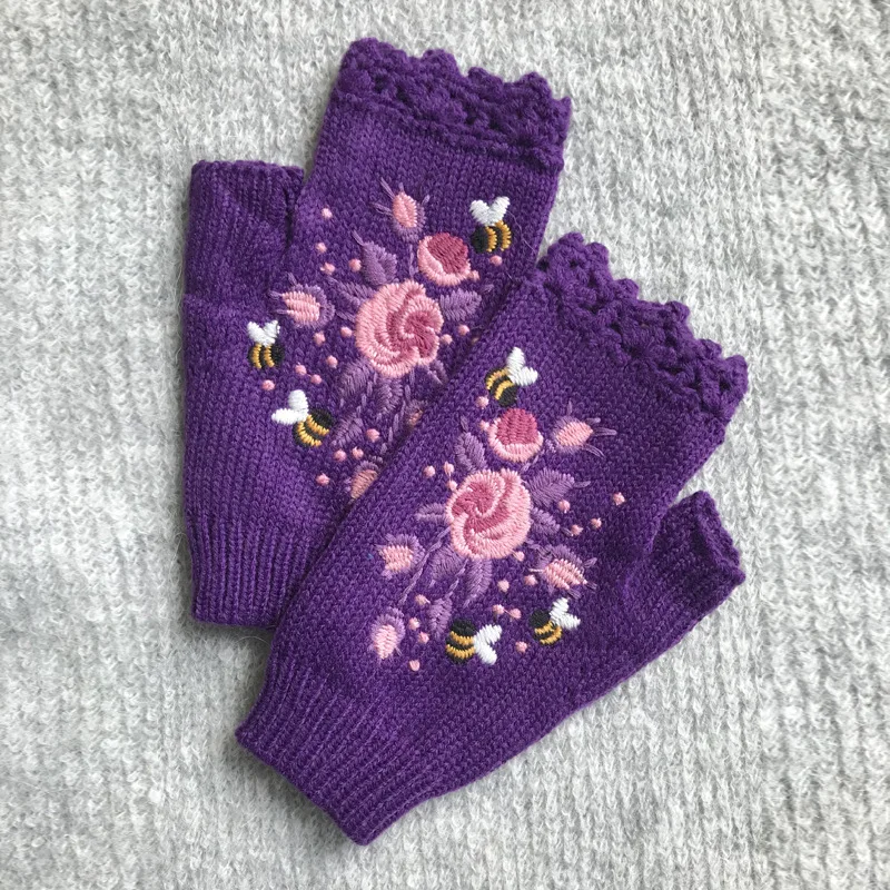 Half Finger Gloves Women Knitted Fingerless Winter Gloves Soft Crochet Bee Knitting Faux Wool Fingerless Gloves Wrist Warmer