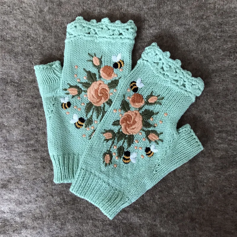 Half Finger Gloves Women Knitted Fingerless Winter Gloves Soft Crochet Bee Knitting Faux Wool Fingerless Gloves Wrist Warmer