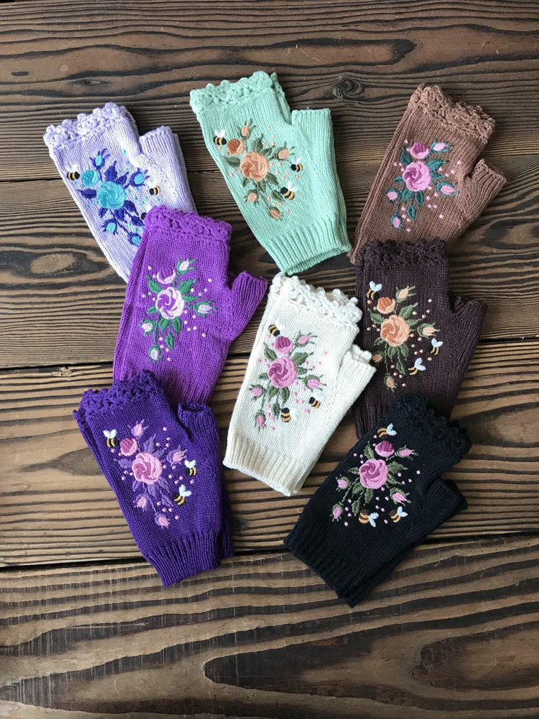 Half Finger Gloves Women Knitted Fingerless Winter Gloves Soft Crochet Bee Knitting Faux Wool Fingerless Gloves Wrist Warmer