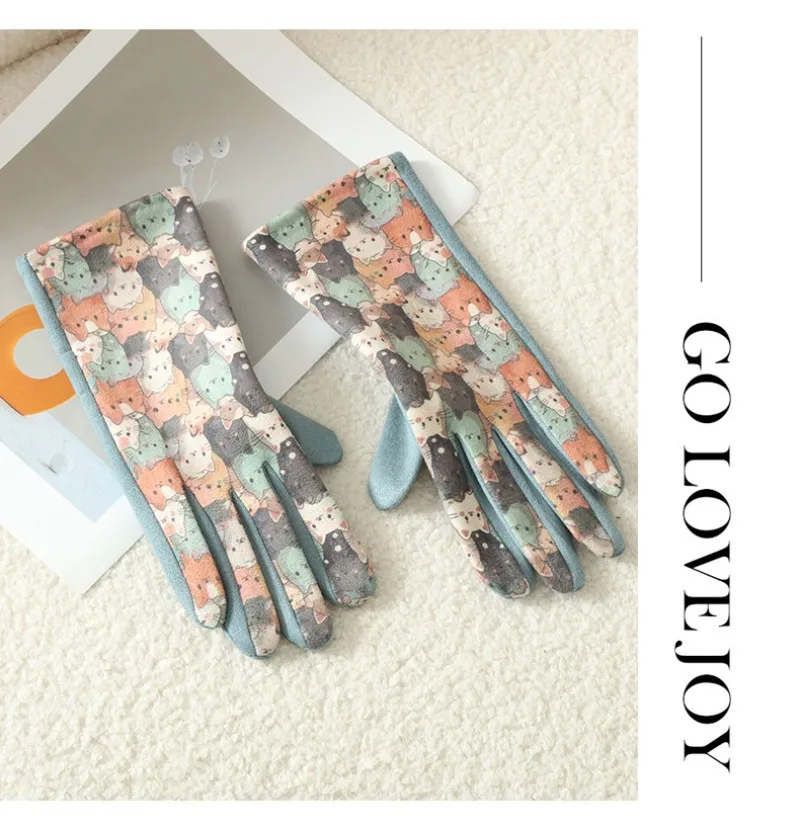 Cute Lovely Sweety Cartoon Cat Painting 3D Printing Suede Gloves Women Winter Keep Warm Touch Screen Add Velvet Prevent Cold
