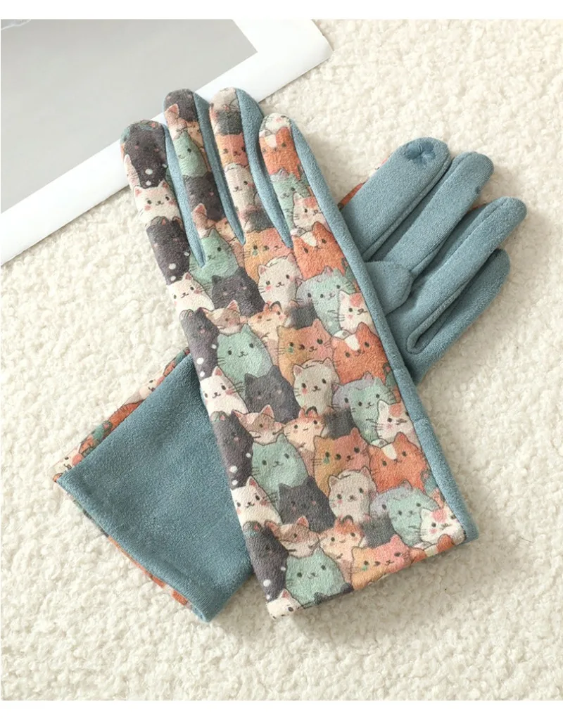 Cute Lovely Sweety Cartoon Cat Painting 3D Printing Suede Gloves Women Winter Keep Warm Touch Screen Add Velvet Prevent Cold