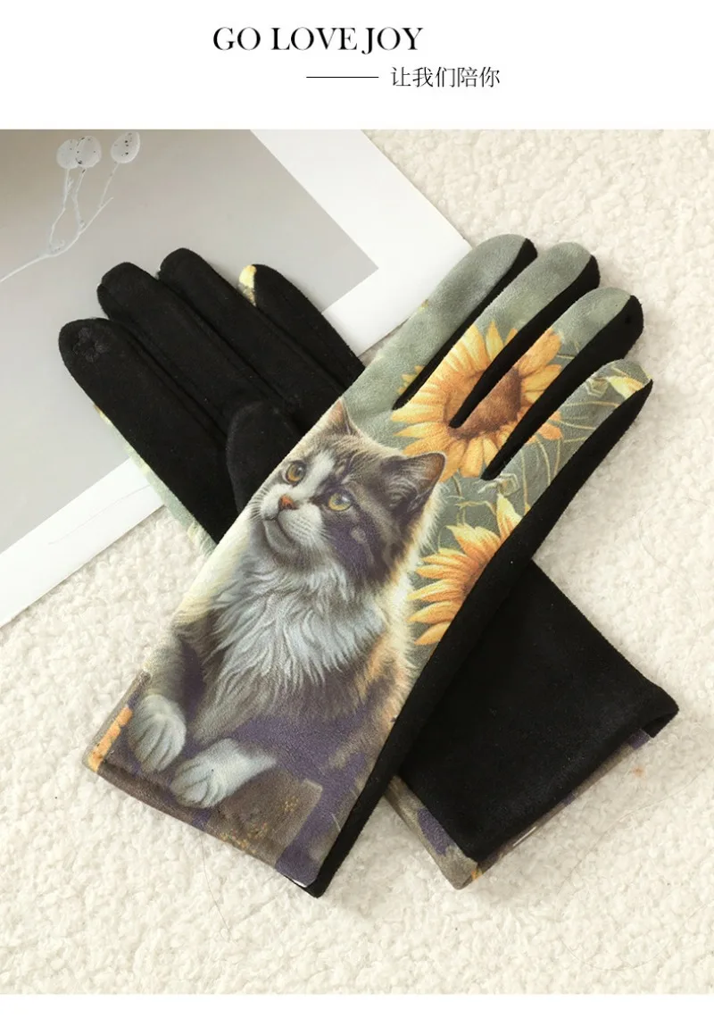 Cute Lovely Sweety Cartoon Cat Painting 3D Printing Suede Gloves Women Winter Keep Warm Touch Screen Add Velvet Prevent Cold
