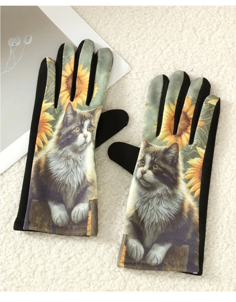 Cute Lovely Sweety Cartoon Cat Painting 3D Printing Suede Gloves Women Winter Keep Warm Touch Screen Add Velvet Prevent Cold