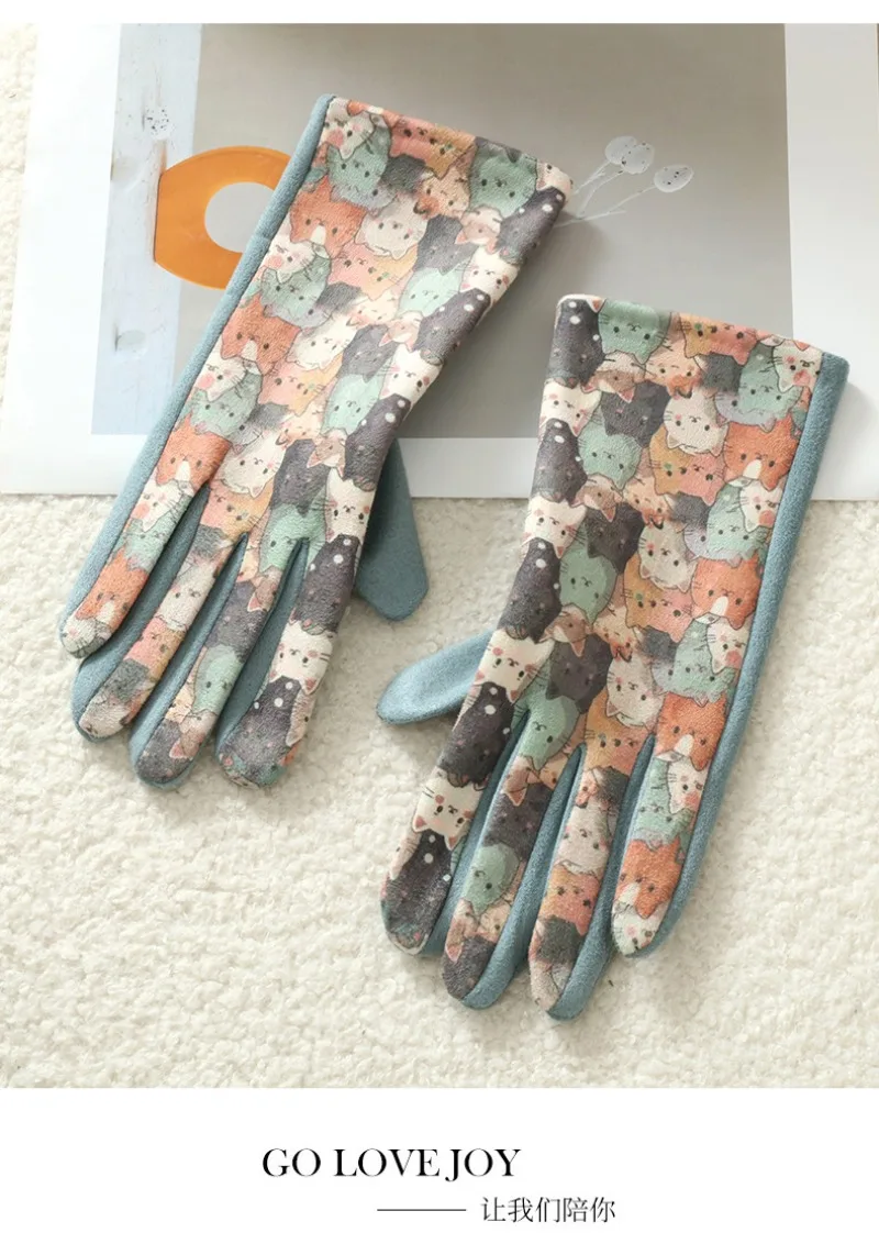 Cute Lovely Sweety Cartoon Cat Painting 3D Printing Suede Gloves Women Winter Keep Warm Touch Screen Add Velvet Prevent Cold