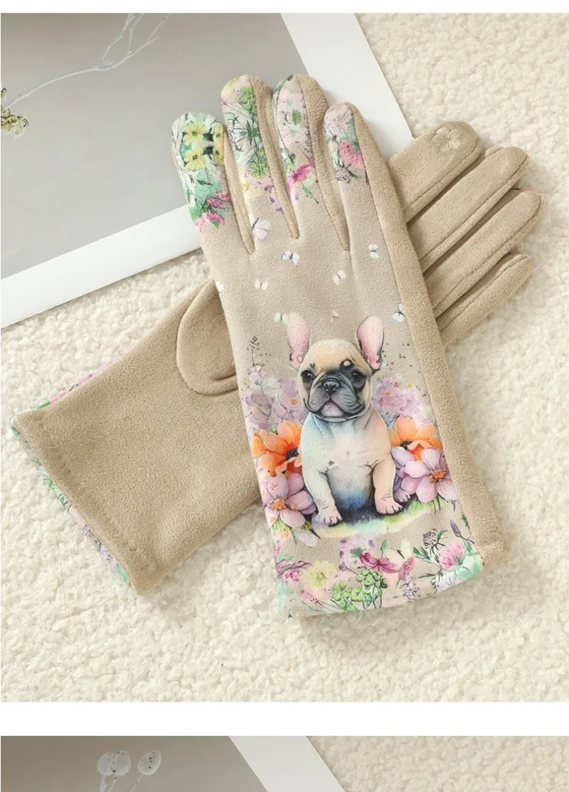 Cute Lovely Sweety Cartoon Cat Painting 3D Printing Suede Gloves Women Winter Keep Warm Touch Screen Add Velvet Prevent Cold