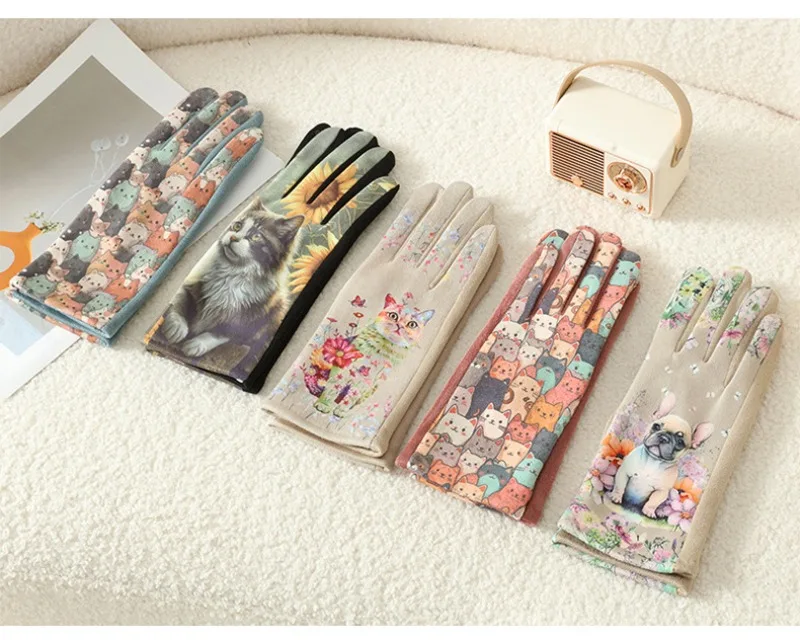 Cute Lovely Sweety Cartoon Cat Painting 3D Printing Suede Gloves Women Winter Keep Warm Touch Screen Add Velvet Prevent Cold