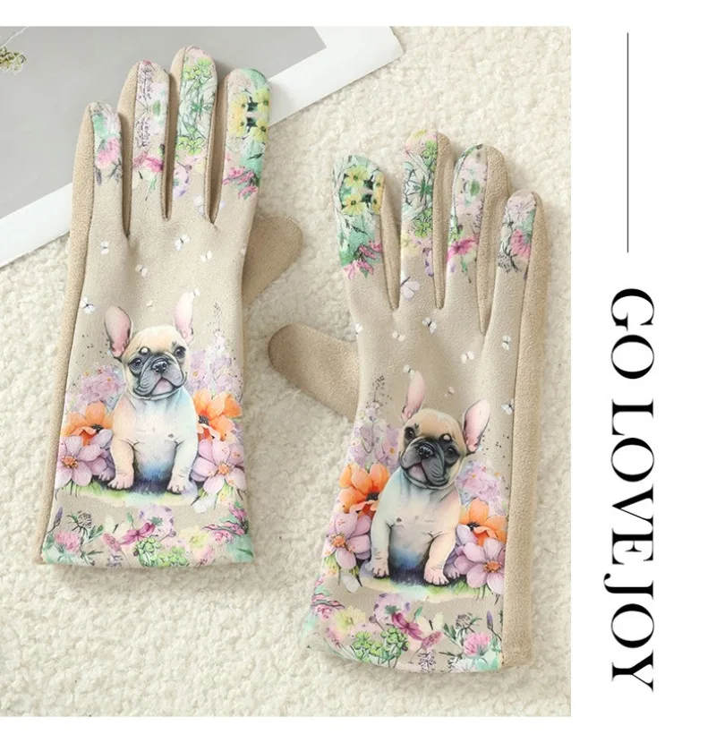 Cute Lovely Sweety Cartoon Cat Painting 3D Printing Suede Gloves Women Winter Keep Warm Touch Screen Add Velvet Prevent Cold
