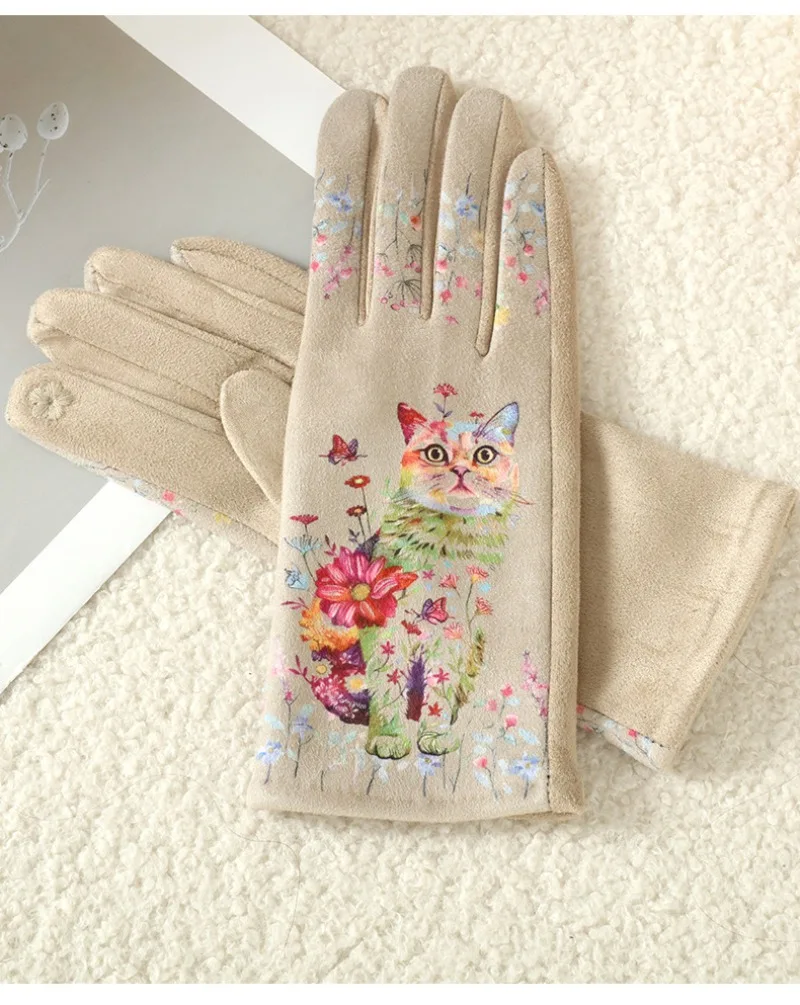 Cute Lovely Sweety Cartoon Cat Painting 3D Printing Suede Gloves Women Winter Keep Warm Touch Screen Add Velvet Prevent Cold