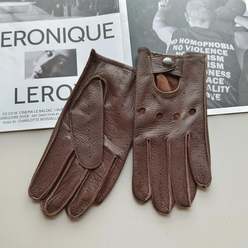 New Deerskin Gloves Men's Single-Skin Thin Hollow Breathable Leather Gloves for Drivers Driving Motorcycles and Riding