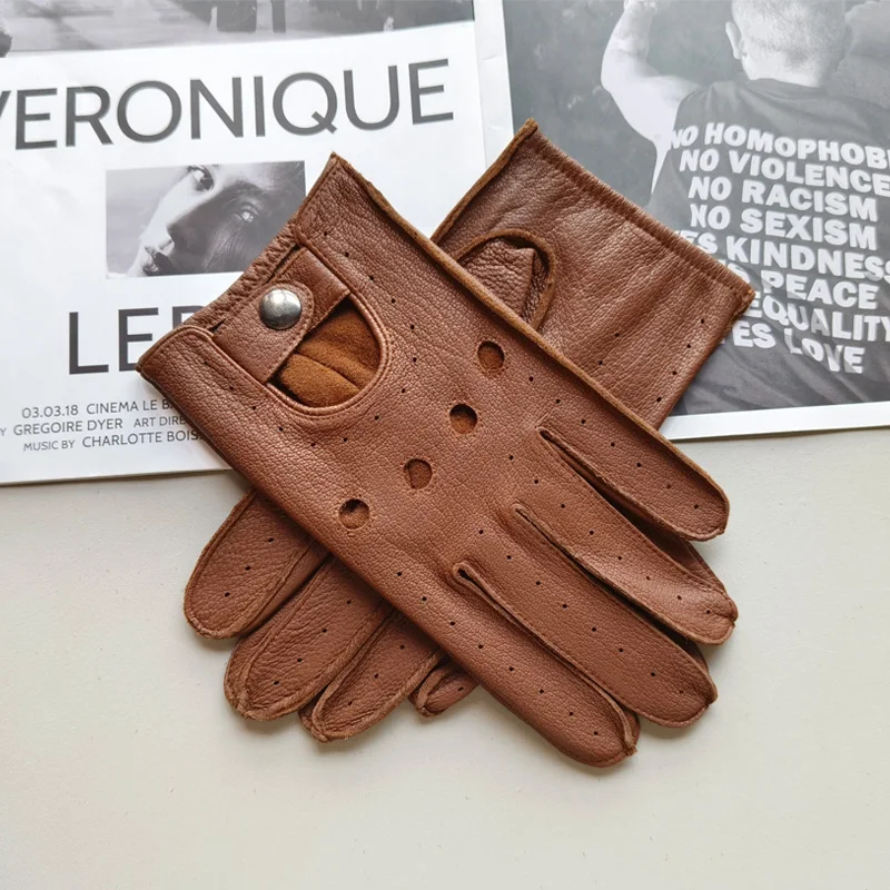 New Deerskin Gloves Men's Single-Skin Thin Hollow Breathable Leather Gloves for Drivers Driving Motorcycles and Riding