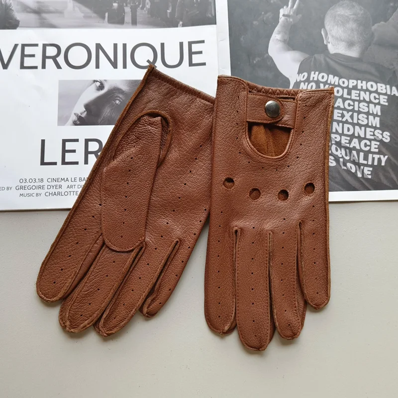 New Deerskin Gloves Men's Single-Skin Thin Hollow Breathable Leather Gloves for Drivers Driving Motorcycles and Riding