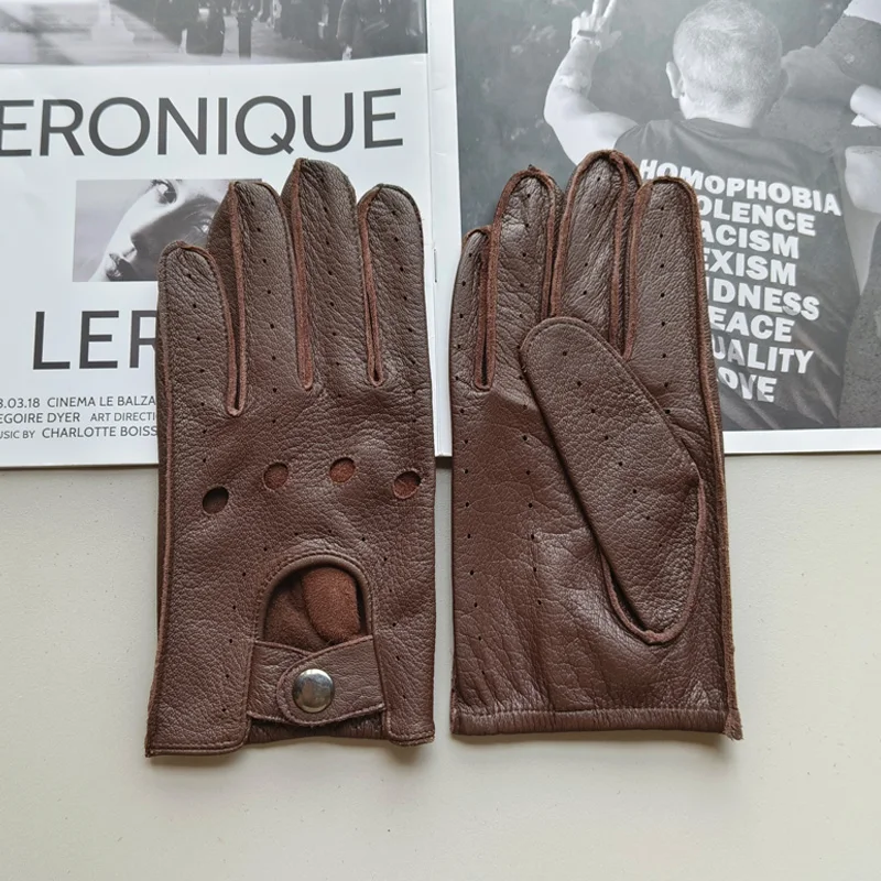 New Deerskin Gloves Men's Single-Skin Thin Hollow Breathable Leather Gloves for Drivers Driving Motorcycles and Riding
