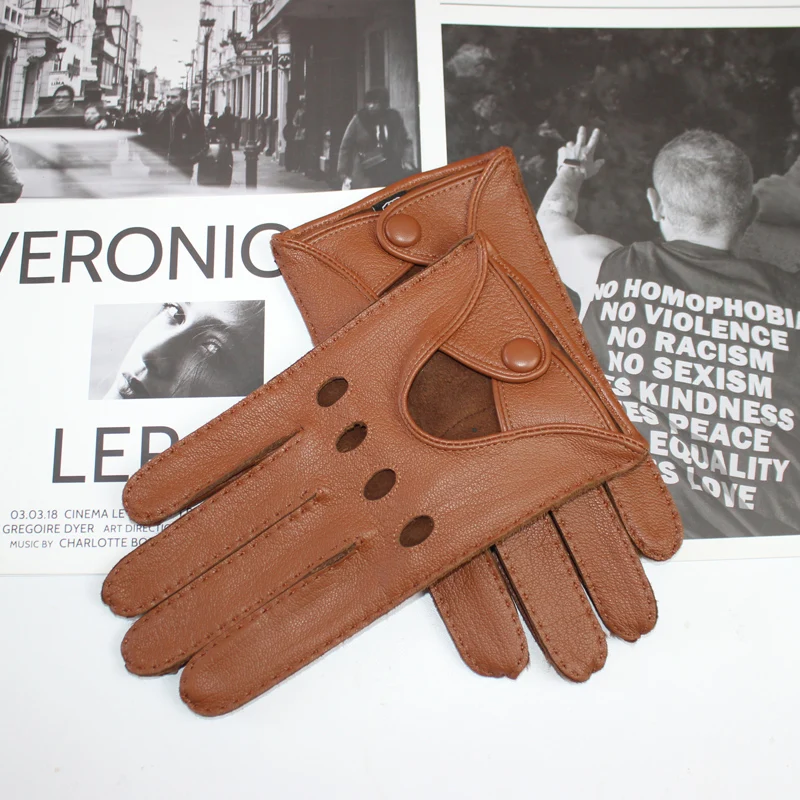 New Deerskin Gloves Men's Single-Skin Thin Hollow Breathable Leather Gloves for Drivers Driving Motorcycles and Riding