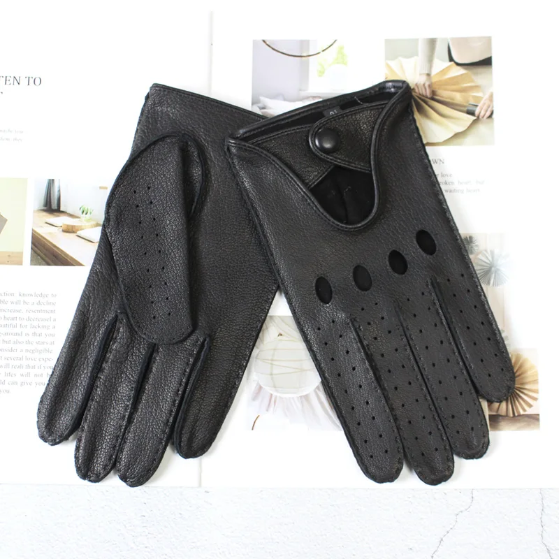 New Deerskin Gloves Men's Single-Skin Thin Hollow Breathable Leather Gloves for Drivers Driving Motorcycles and Riding