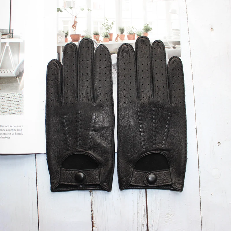 New Deerskin Gloves Men's Single-Skin Thin Hollow Breathable Leather Gloves for Drivers Driving Motorcycles and Riding