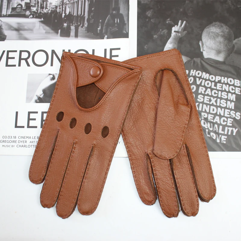 New Deerskin Gloves Men's Single-Skin Thin Hollow Breathable Leather Gloves for Drivers Driving Motorcycles and Riding