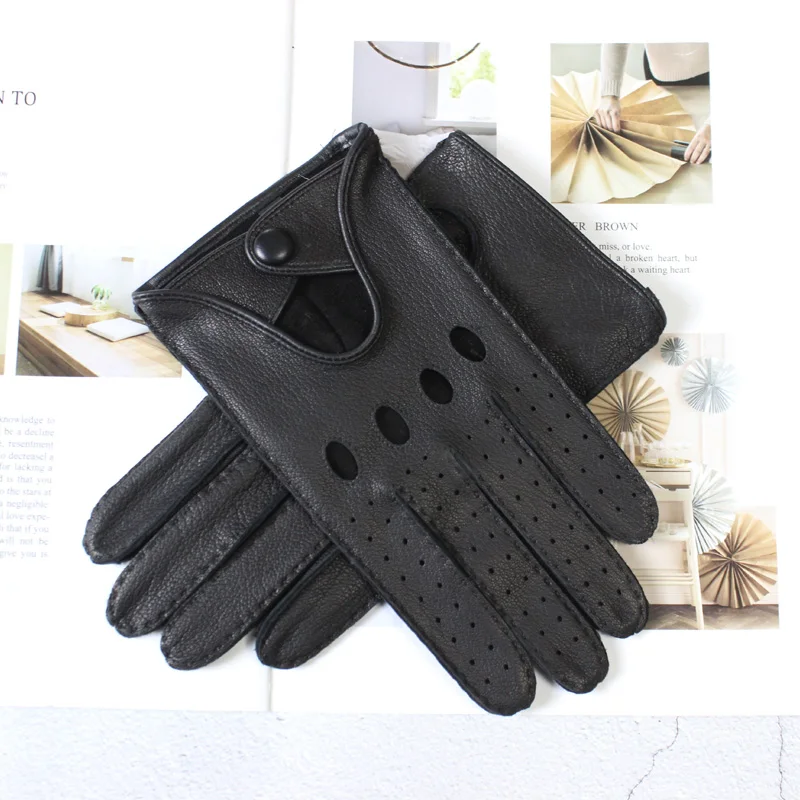 New Deerskin Gloves Men's Single-Skin Thin Hollow Breathable Leather Gloves for Drivers Driving Motorcycles and Riding