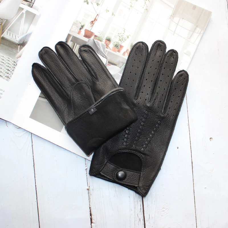 New Deerskin Gloves Men's Single-Skin Thin Hollow Breathable Leather Gloves for Drivers Driving Motorcycles and Riding