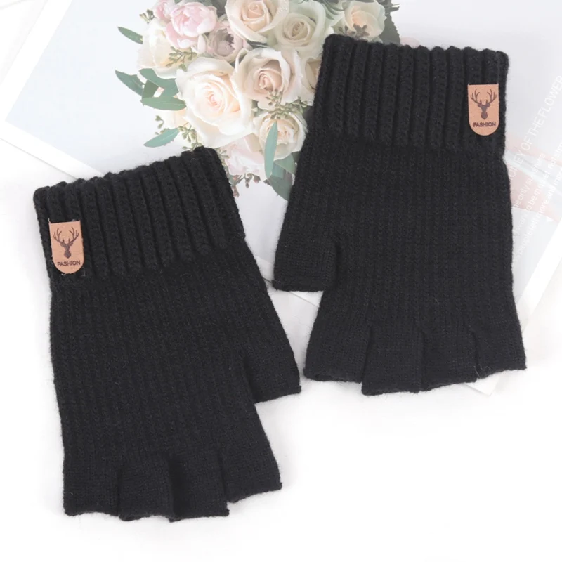 Unisex Elastic Knitted Fingerless Gloves Winter Thicken Warm Touch Screen Mittens for Men Women Warm Half Finger Work Gloves