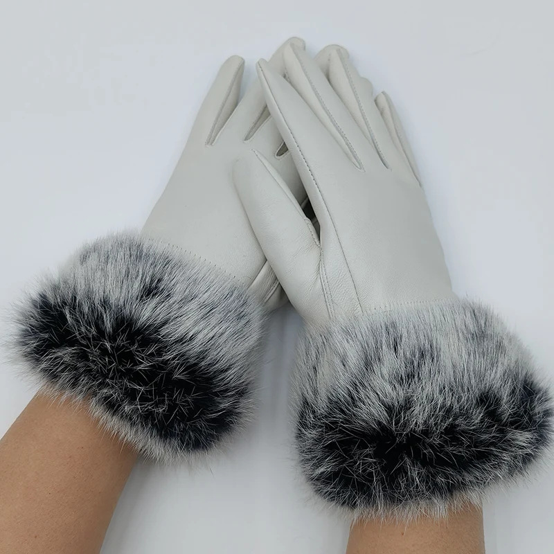 2025 Women Winter Warm Genuine Sheep Leather Glove With Real Fur Trimming Female Warm Real Leather Fur High Quality Mittens