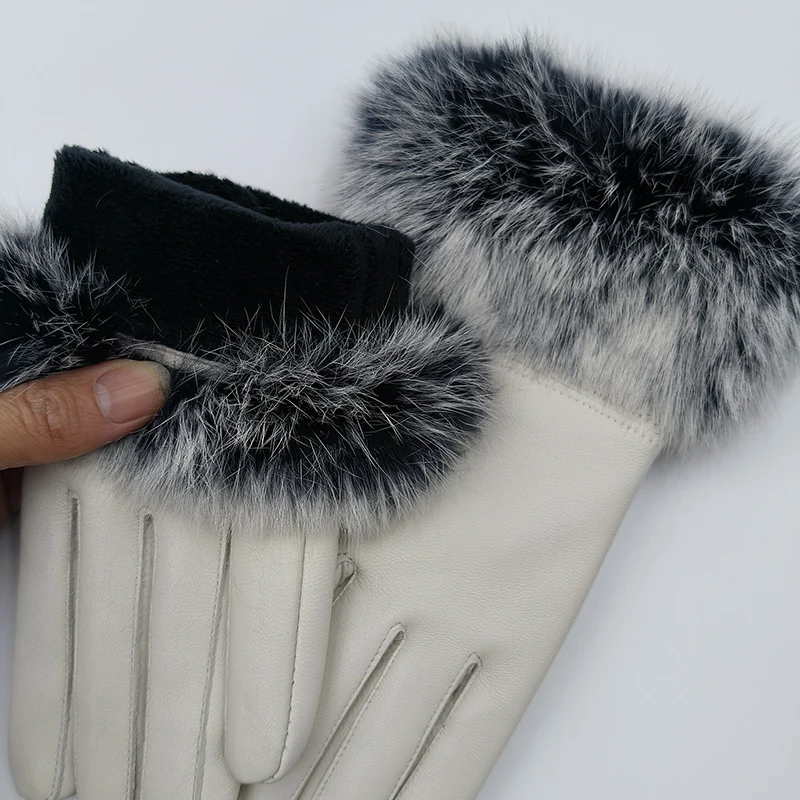 2025 Women Winter Warm Genuine Sheep Leather Glove With Real Fur Trimming Female Warm Real Leather Fur High Quality Mittens