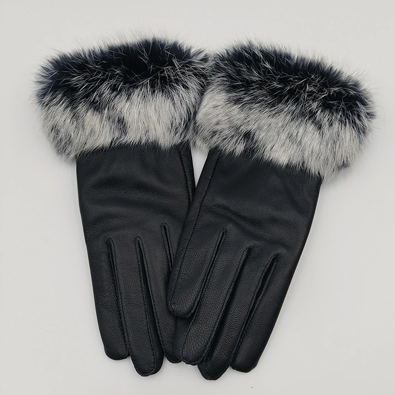 2025 Women Winter Warm Genuine Sheep Leather Glove With Real Fur Trimming Female Warm Real Leather Fur High Quality Mittens