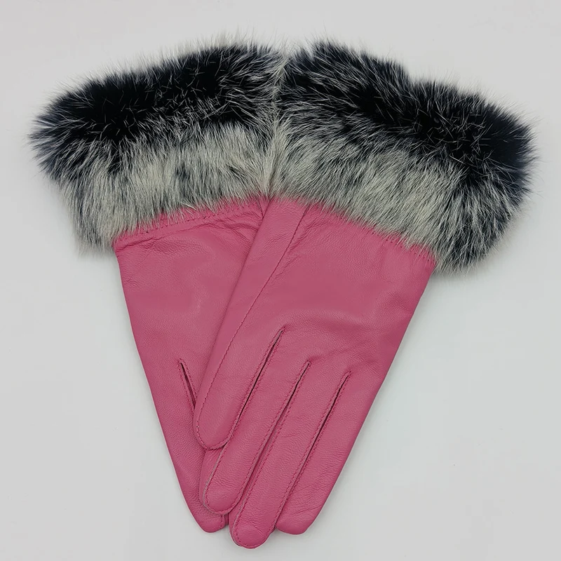 2025 Women Winter Warm Genuine Sheep Leather Glove With Real Fur Trimming Female Warm Real Leather Fur High Quality Mittens