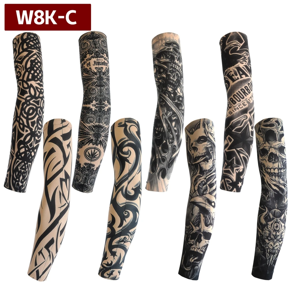 8pcs Men Long Summer Tattoo Sleeves Seamless Armguard Sun Protection Cover Outdoor Gloves Driving Ice Silk Women Arm Sleeves