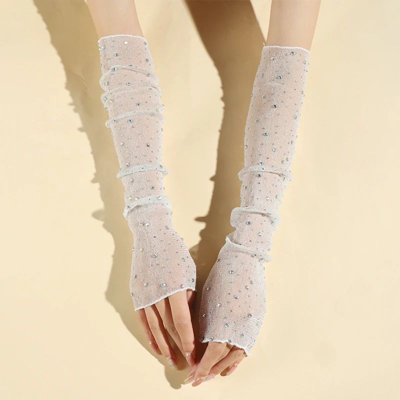 Shiny Rhinestone Ice Silk Sleeve Summer Women Long Fingerless Gloves Outdoor Sun Protection Breathable Arm Sleeves Sexy Drive