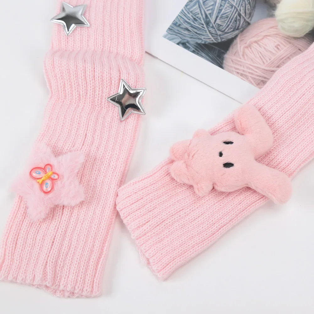 Winter Kawaii Arm Sleeves for Women Thicken Warm Knitted Arm Warmers  Long Sleeve Half-finger Glove Gothic Fingerless Mitten