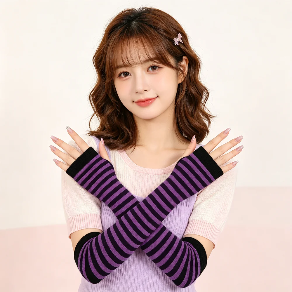 Y2K Girls Cute Fashion Long Elastic Striped Knitted Arm Sleeve Fingerless Gloves Women Cosplay Warmer Wristband Elbow Protection