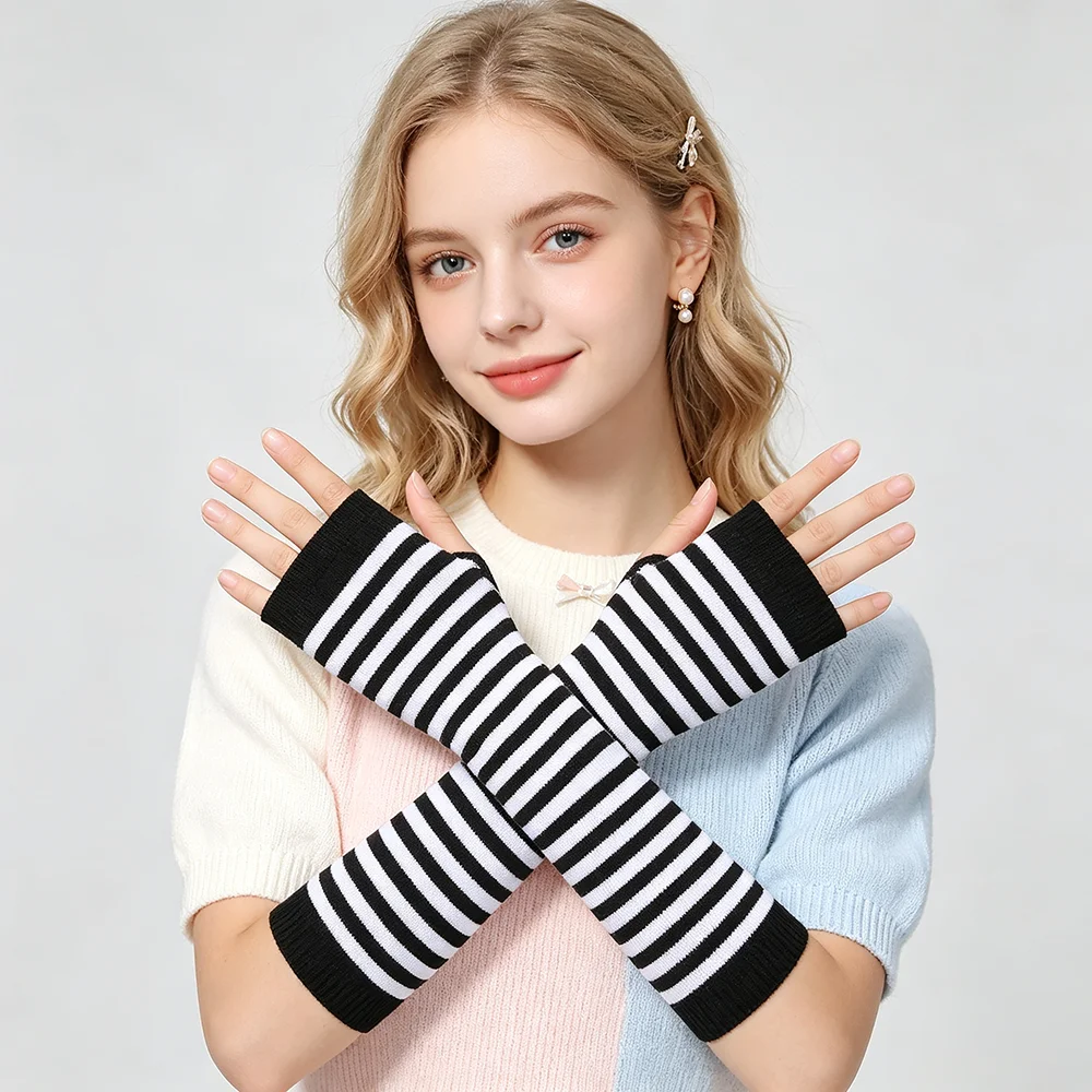 Y2K Girls Cute Fashion Long Elastic Striped Knitted Arm Sleeve Fingerless Gloves Women Cosplay Warmer Wristband Elbow Protection