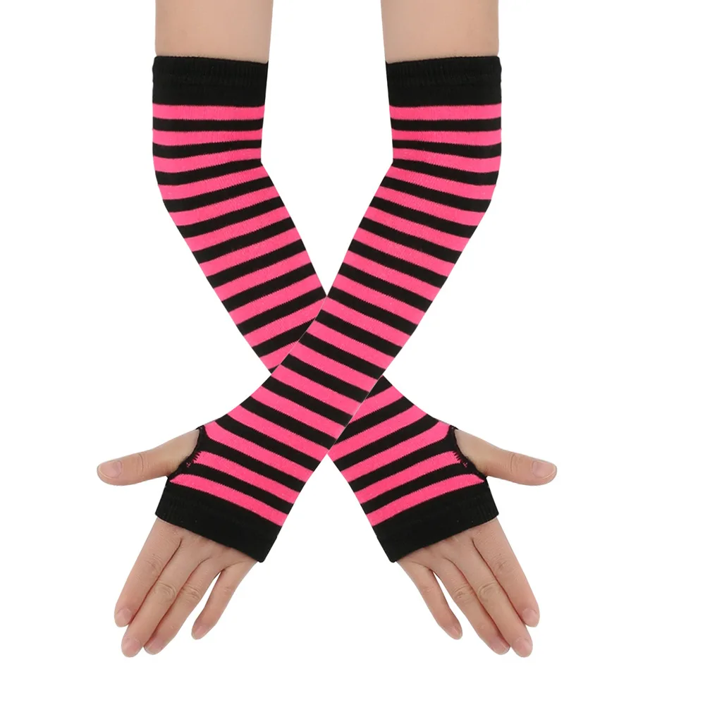 Y2K Girls Cute Fashion Long Elastic Striped Knitted Arm Sleeve Fingerless Gloves Women Cosplay Warmer Wristband Elbow Protection