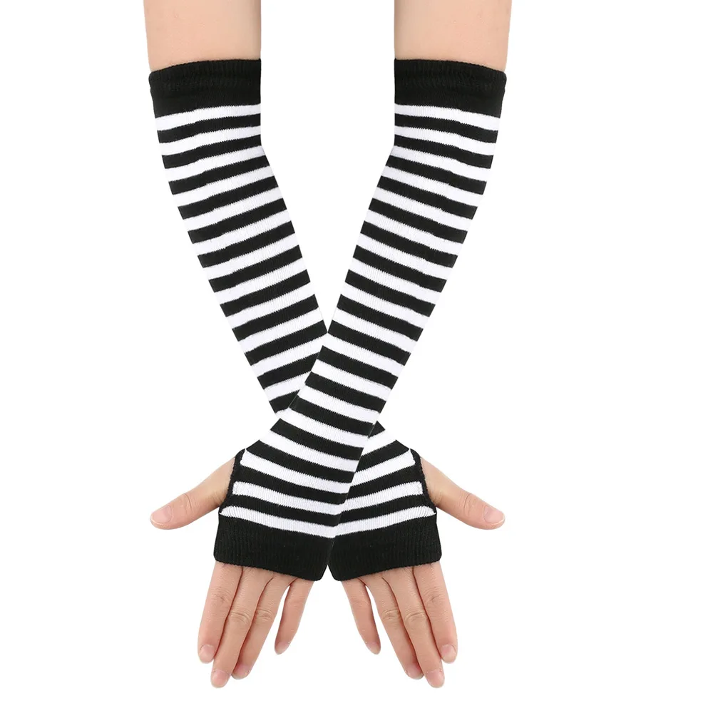 Y2K Girls Cute Fashion Long Elastic Striped Knitted Arm Sleeve Fingerless Gloves Women Cosplay Warmer Wristband Elbow Protection