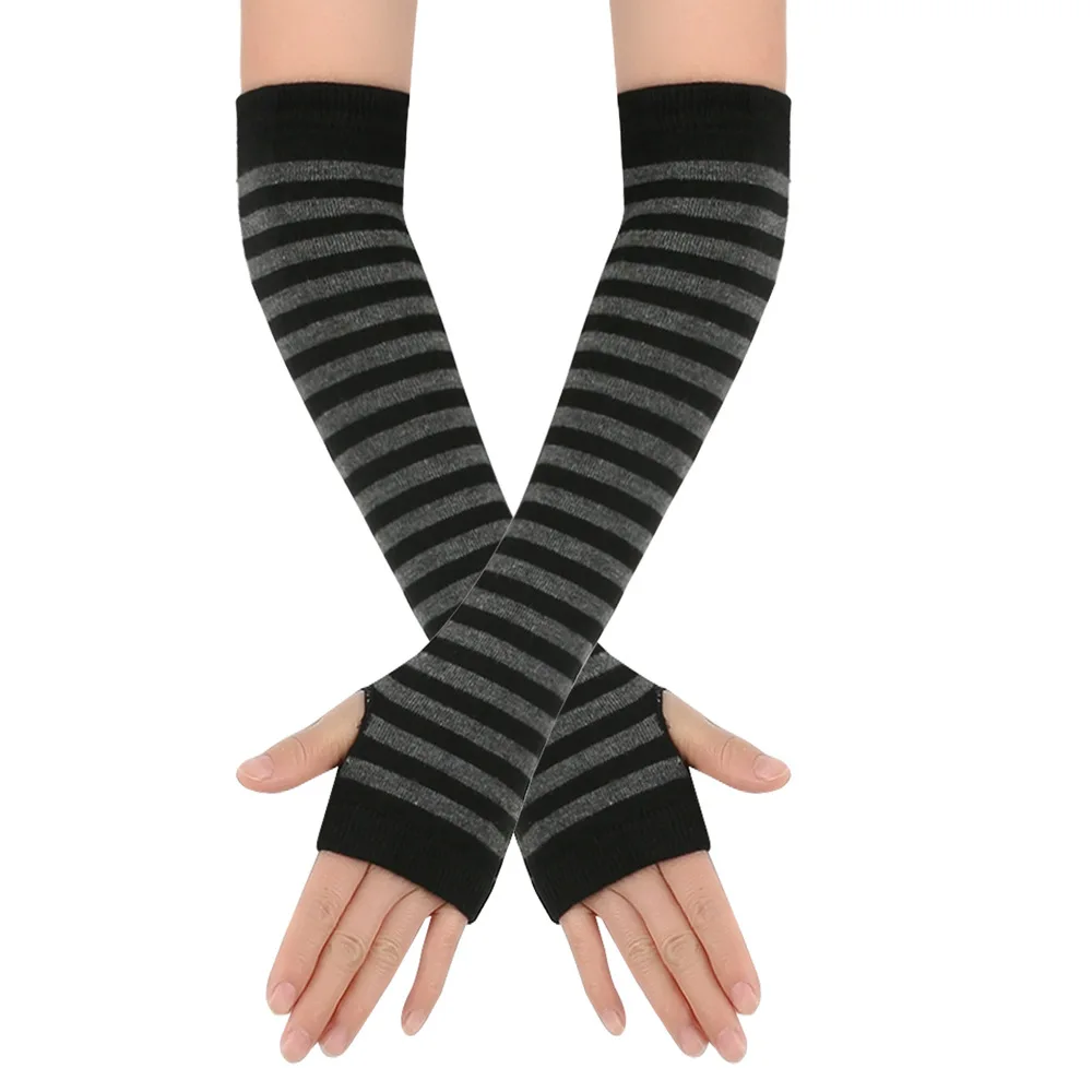 Y2K Girls Cute Fashion Long Elastic Striped Knitted Arm Sleeve Fingerless Gloves Women Cosplay Warmer Wristband Elbow Protection