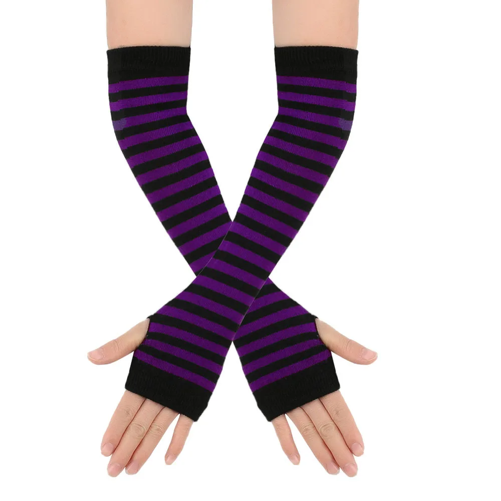 Y2K Girls Cute Fashion Long Elastic Striped Knitted Arm Sleeve Fingerless Gloves Women Cosplay Warmer Wristband Elbow Protection