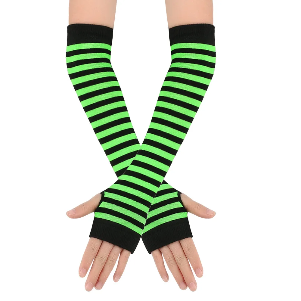 Y2K Girls Cute Fashion Long Elastic Striped Knitted Arm Sleeve Fingerless Gloves Women Cosplay Warmer Wristband Elbow Protection