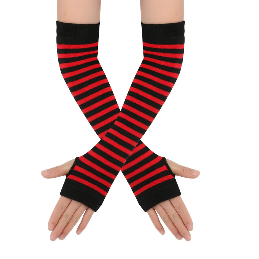 Y2K Girls Cute Fashion Long Elastic Striped Knitted Arm Sleeve Fingerless Gloves Women Cosplay Warmer Wristband Elbow Protection