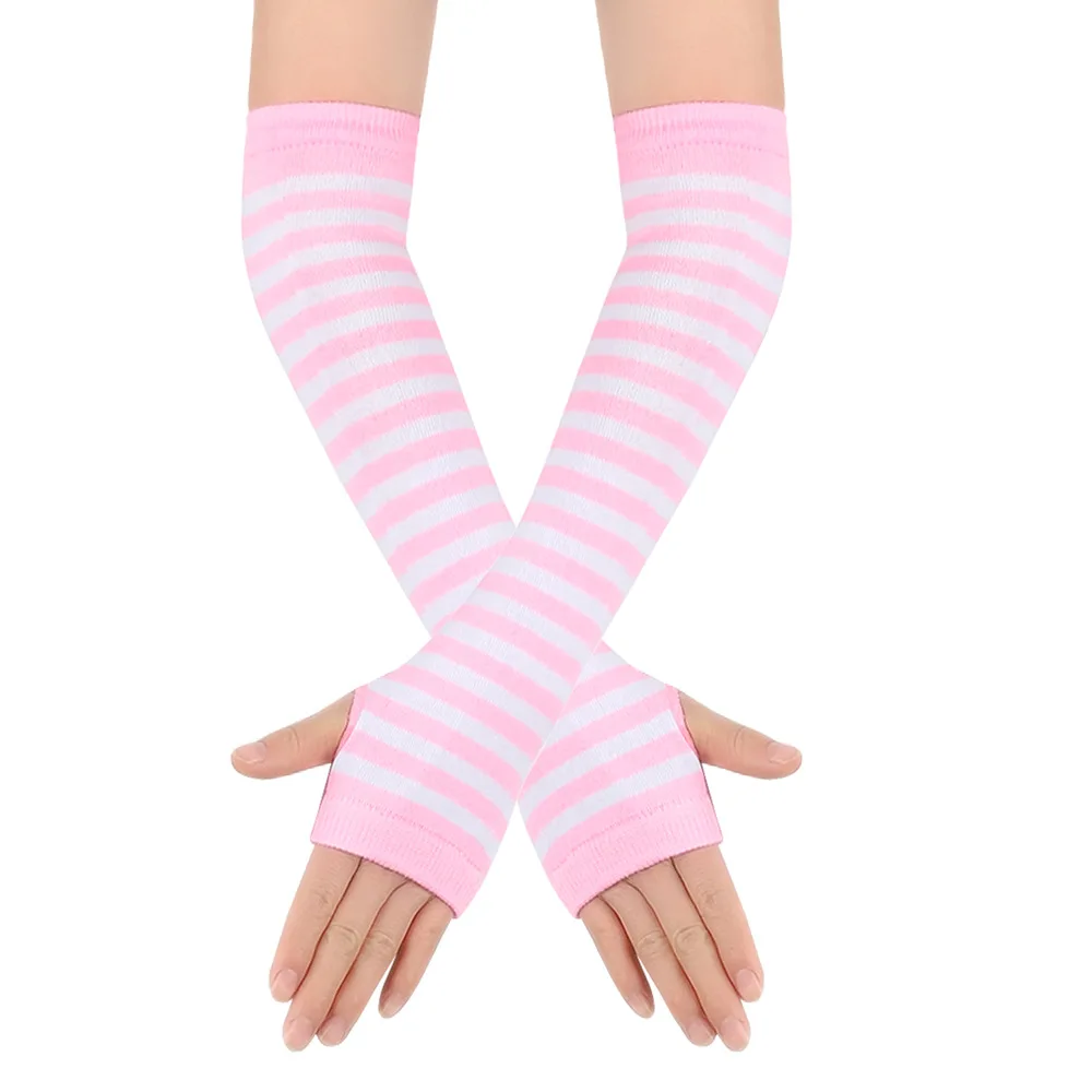 Y2K Girls Cute Fashion Long Elastic Striped Knitted Arm Sleeve Fingerless Gloves Women Cosplay Warmer Wristband Elbow Protection