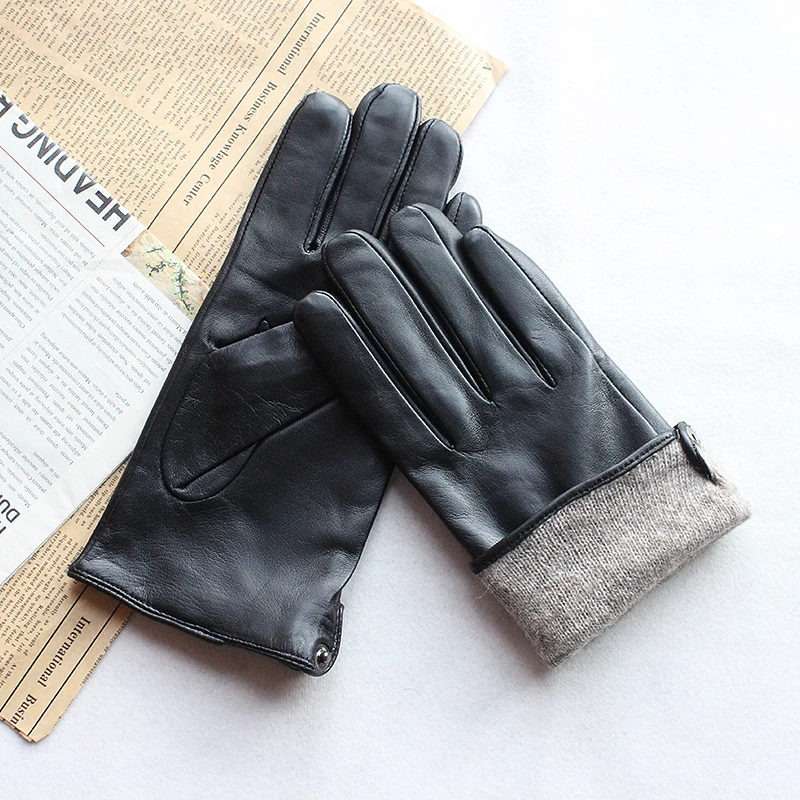 Men's Winter Leather Sheepskin Gloves Velvet Lined Warmth Cold Protection for Outdoor Motorcycle Driving